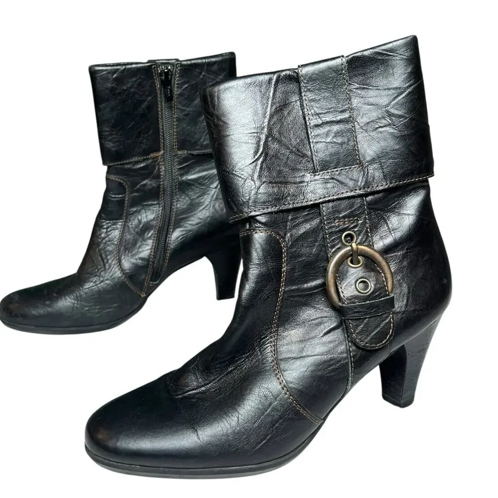 Paul Green Harness Boots 6.5 Black Leather Buckle‎ Cuffed Western Ankle Booties